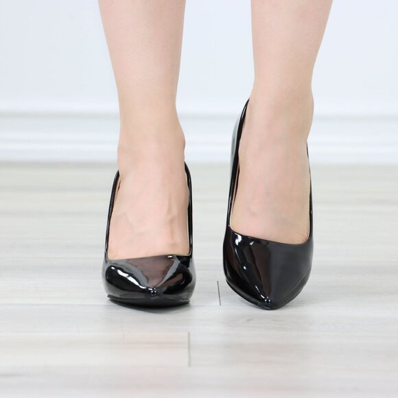 Classic Black Patent Block High Heel Slip On Pointed Toe Pumps Office Wear - Picture 6 of 10